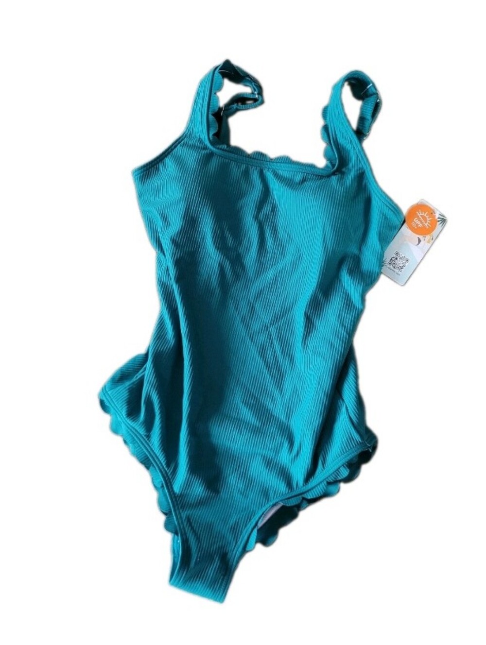 Charmo Womens Scalloped Ribbed One Piece Swimsuits Retro Square Neck Modest Sz L